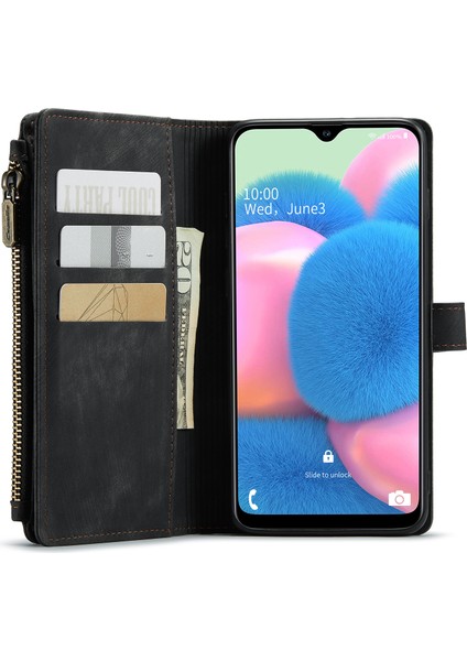 Samsung Galaxy A30S/A50/A50S Için Stand Standı Tasarım Pu Deri Telefon Kılıfı Zipper Cep Cüzdan Telefon Kapağı - Siyah (Yurt Dışından)