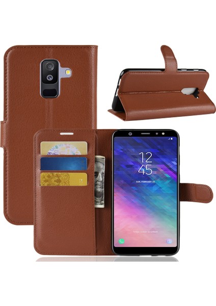 Samsung Galaxy A6+ - Kahverengi Için Litchi Skin Pu Deri Manyetik Cüzdan Stand Koruyucu Kılıf (Yurt Dışından)