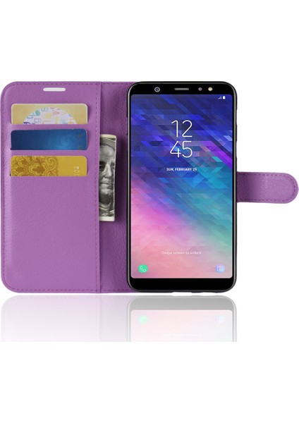 Samsung Galaxy A6+ - Mor Için Litchi Skin Pu Deri Manyetik Cüzdan Stand Cep Telefonu Kabuğu (Yurt Dışından)