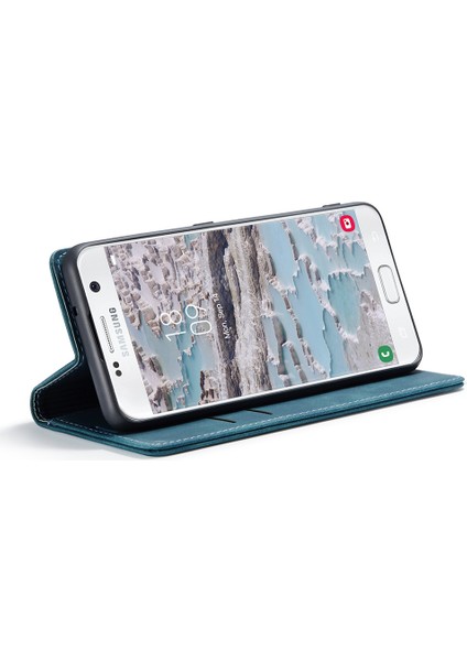 Samsung Galaxy S7 SM-G930 Için Otomatik Emilmiş Deri Cüzdan Telefon Kabuğu-Mavi (Yurt Dışından)