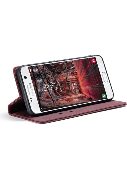 Samsung Galaxy S7 SM-G930 Için Otomatik Emilmiş Deri Cüzdan Telefon Kabuğu-Kırmızı (Yurt Dışından)