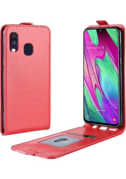 Samsung Galaxy A40 Için Crazy Horse Dikey Flip Deri Koruyucu Kılıf - Kırmızı (Yurt Dışından)