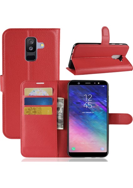 Samsung Galaxy A6 Plus Için Litchi Skin Pu Deri Manyetik Cüzdan Stand Kabuğu - Kırmızı (Yurt Dışından)