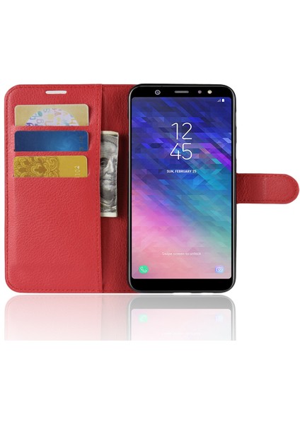 Samsung Galaxy A6 Plus Için Litchi Skin Pu Deri Manyetik Cüzdan Stand Kabuğu - Kırmızı (Yurt Dışından)