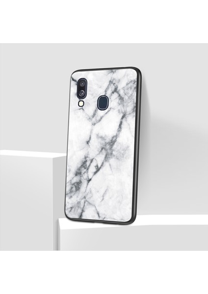 Samsung Galaxy A40 - Beyaz Için Mermer Tahıl Deseni Temperli Cam Pc+Tpu Combo Kılıf (Yurt Dışından)