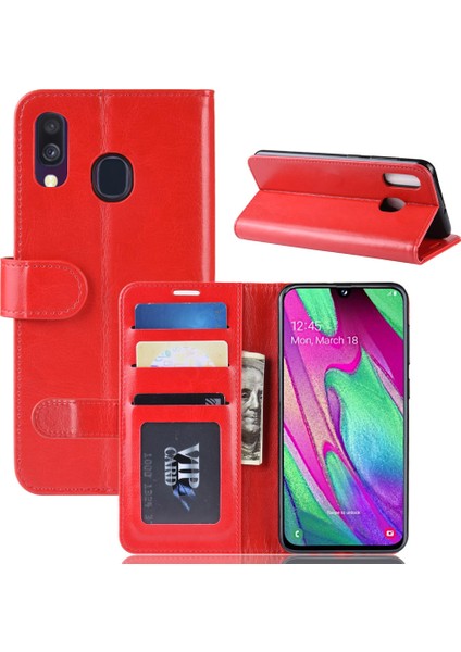 Crazy Horse Pu Deri Flip Stand Cep Telefon Kapağı Cüzdanlı Samsung Galaxy A40 - Kırmızı (Yurt Dışından)