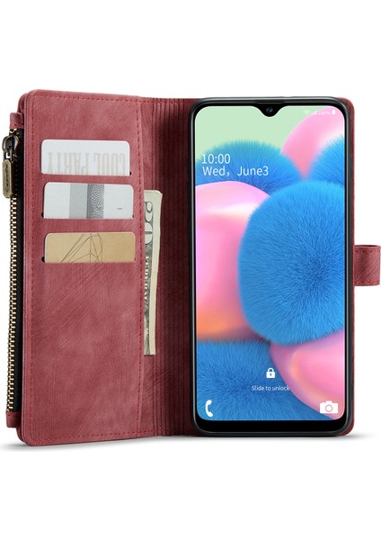 Samsung Galaxy A30S/A50/A50S Için Stand Standı Tasarım Pu Deri Telefon Kılıfı Zipper Cep Cüzdan Telefon Kapağı - Kırmızı (Yurt Dışından)