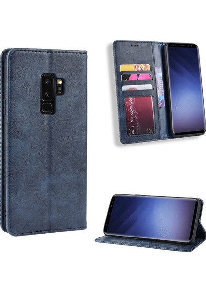 Samsung Galaxy S9+ - Mavi Için Vintage Tarzı Deri Cüzdan Kılıfı (Yurt Dışından)