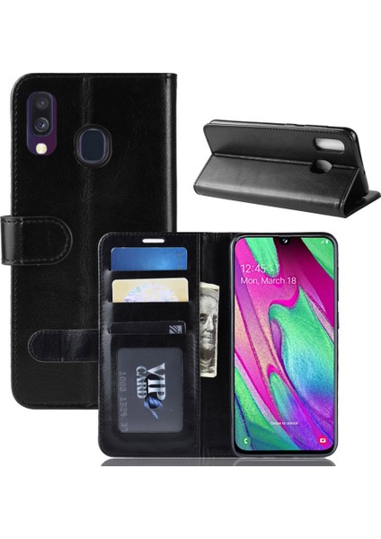 Crazy Horse Pu Deri Flip Stand Cep Telefon Kapağı Cüzdanlı Samsung Galaxy A40 - Siyah (Yurt Dışından)