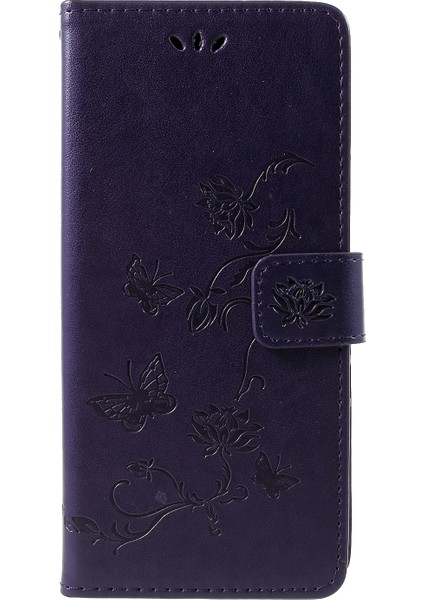Samsung Galaxy J4 Plus Için Baskı Kelebek Çiçek Cüzdan Stand Deri Flip Case - Dark Purple (Yurt Dışından)