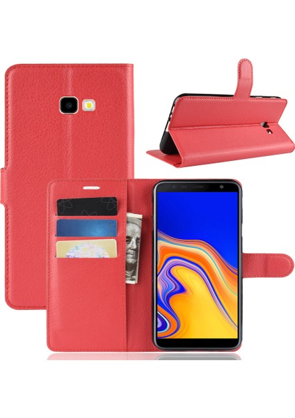 Samsung Galaxy J4+ - Kırmızı Için Litchi Skin Cüzdan Deri Stand Kılıfı (Yurt Dışından)