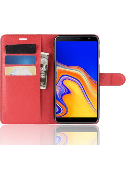 Samsung Galaxy J4+ - Kırmızı Için Litchi Skin Cüzdan Deri Stand Kılıfı (Yurt Dışından)