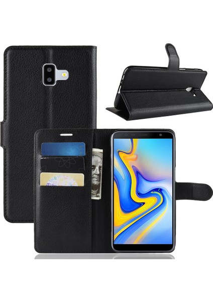 Samsung Galaxy J6 Plus Için Kart Yuvaları ile Litchi Skin Deri Stand Kapağı - Siyah (Yurt Dışından)