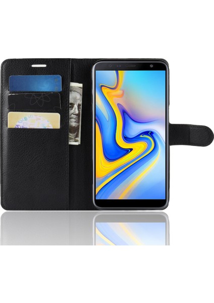 Samsung Galaxy J6 Plus Için Kart Yuvaları ile Litchi Skin Deri Stand Kapağı - Siyah (Yurt Dışından)