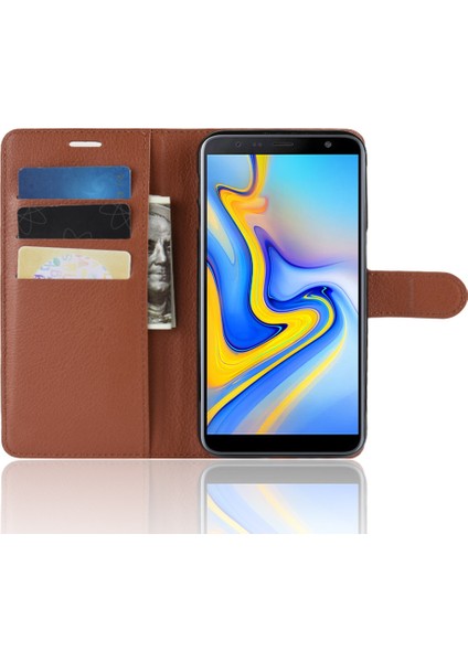 Samsung Galaxy J6 Plus Için Kart Yuvaları ile Litchi Skin Deri Stand Aksesuar Kapağı - Kahverengi (Yurt Dışından)