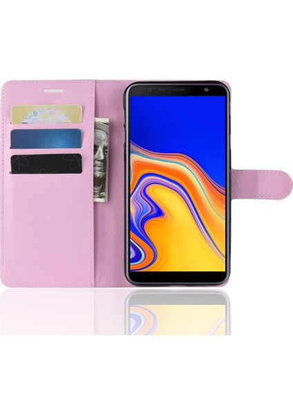 Samsung Galaxy Için Litchi Skin Manyetik Deri Stand Kılıfı J4+ - Pembe (Yurt Dışından)