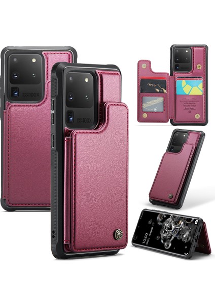 Samsung Galaxy S20 Ultra Rfıd Engelleme Kart Tutucu Pu+Tpu Kickstand Telefon Kapak-Kırmızı (Yurt Dışından)