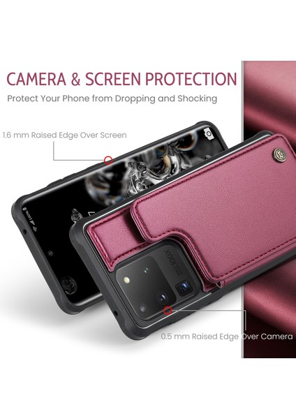 Samsung Galaxy S20 Ultra Rfıd Engelleme Kart Tutucu Pu+Tpu Kickstand Telefon Kapak-Kırmızı (Yurt Dışından) fırsatları