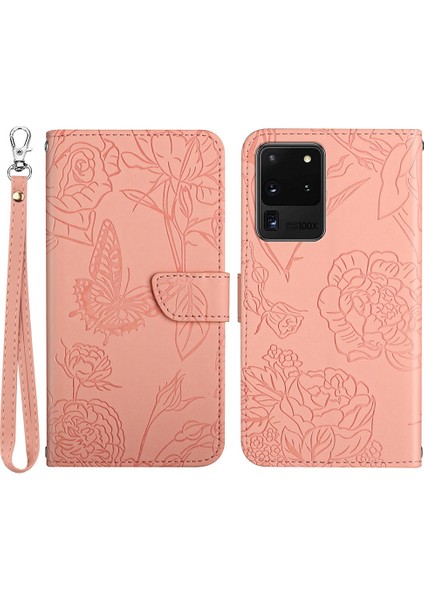 Samsung Galaxy S20 Ultra Pu Deri Kelebek Çiçek Deseni Baskılı Cüzdan Kılıfı Stand Iç Tpu Cilt Touch Duygu Kapağı Strap-Pink ile (Yurt Dışından)