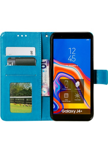 Samsung Galaxy Için Çiçek Deri Deri Cüzdan Cep Telefonu Muhafazası J4+ - Mavi (Yurt Dışından) modelleri
