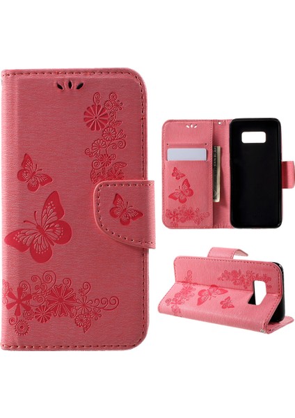 Butterfly Çiçekleri Baskılı Pu Deri Cüzdan Kılıfı Samsung Galaxy S8 - Pembe (Yurt Dışından)