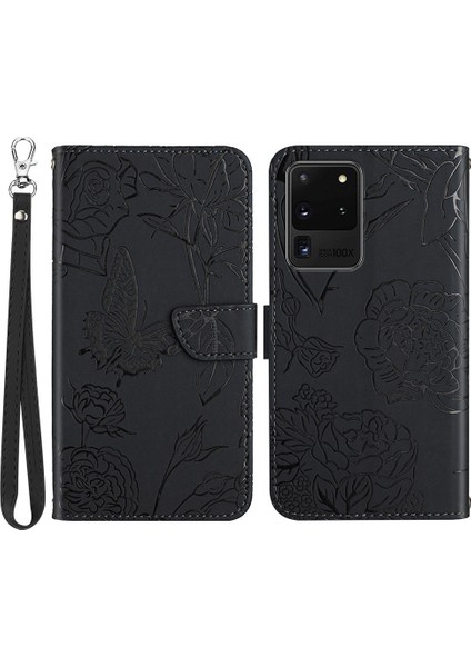 Samsung Galaxy S20 Ultra Pu Deri Kelebek Çiçek Deseni Için Baskılı Cüzdan Kılıfı Stand Iç Tpu Cilt Touch Duygu Kapağı Strap-Black (Yurt Dışından)