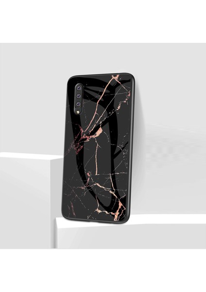 Samsung Galaxy A70 - Siyah/altın Için Mermer Tahıl Deseni Temperli Cam Pc+Tpu Geri Kılıf (Yurt Dışından)