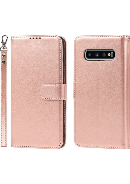 R61 Doku Dikişli Dikiş Telefon Kılıfı Strap Anti -Drop Pu Deri Cüzdan Kapağı Samsung Galaxy S10 - Gül Altın (Yurt Dışından)