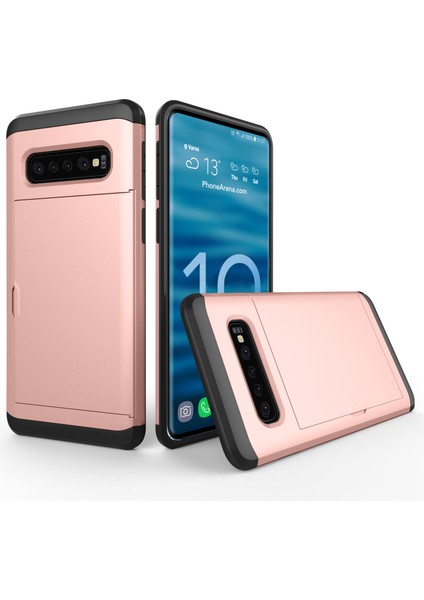Samsung Galaxy S10 Slayt Kart Tutucu Hibrid Pc+Tpu Telefon Kapağı - Gül Altın (Yurt Dışından)