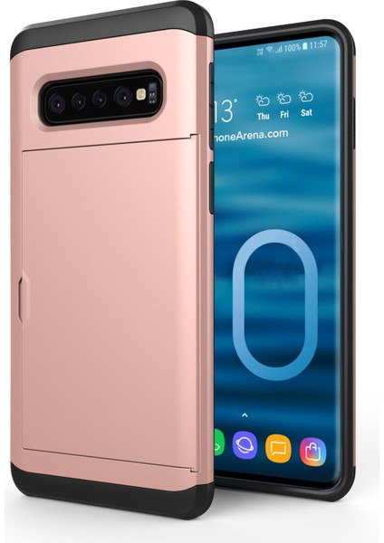 Samsung Galaxy S10 Slayt Kart Tutucu Hibrid Pc+Tpu Telefon Kapağı - Gül Altın (Yurt Dışından) modelleri