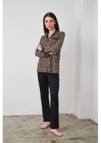 24511 Kadın Leopar Desenli Düğmeli Pijama Takım