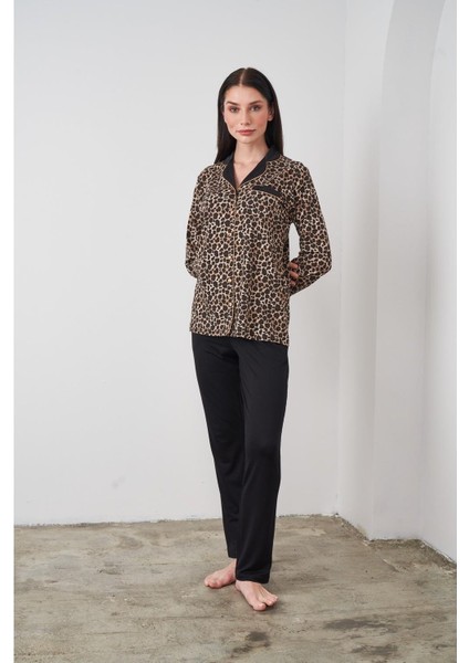 24511 Kadın Leopar Desenli Düğmeli Pijama Takım fiyatları
