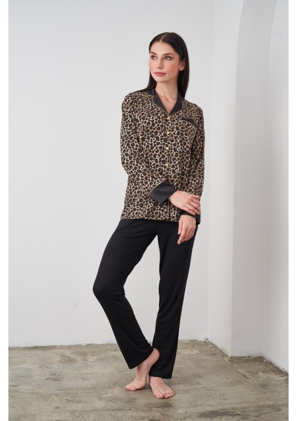24511 Kadın Leopar Desenli Düğmeli Pijama Takım modelleri