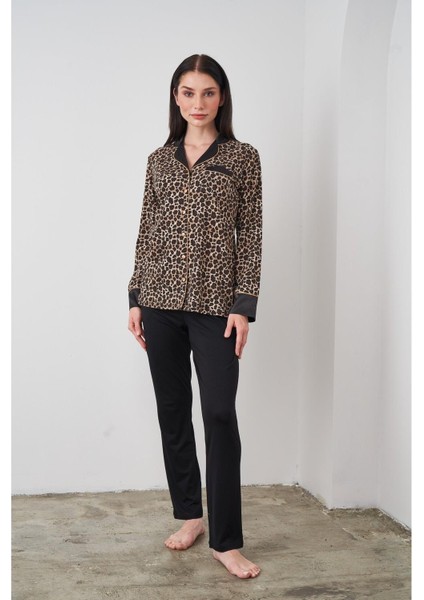 24511 Kadın Leopar Desenli Düğmeli Pijama Takım fırsatları