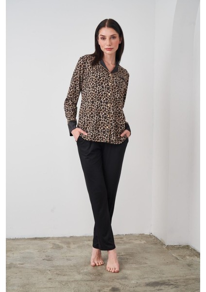 24511 Kadın Leopar Desenli Düğmeli Pijama Takım indirimleri