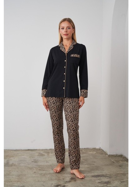 24510 Kadın Leopar Desenli Düğmeli Pijama Takım