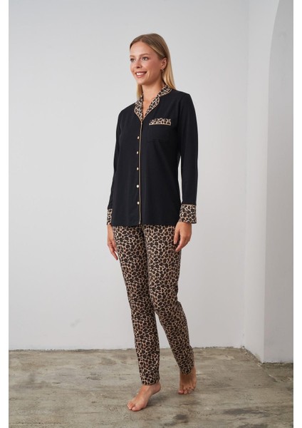 24510 Kadın Leopar Desenli Düğmeli Pijama Takım fiyatları