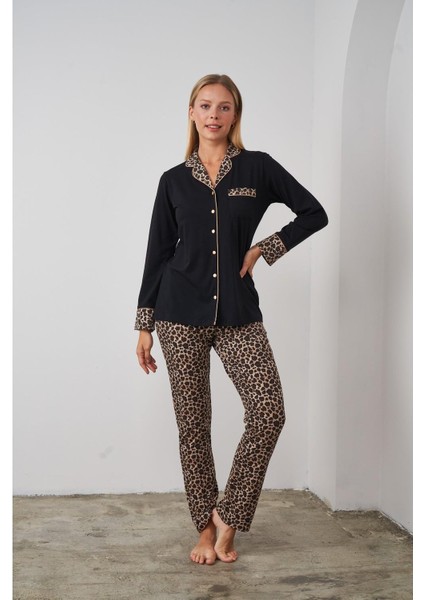 24510 Kadın Leopar Desenli Düğmeli Pijama Takım modelleri