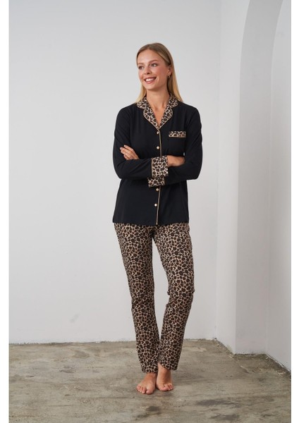 24510 Kadın Leopar Desenli Düğmeli Pijama Takım fırsatları