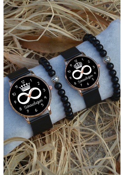 Siyah Rose Gold Hasır Çift Sonsuzluğum Saat ve Bileklik Hediyeli Çift Sevgili Saatleri
