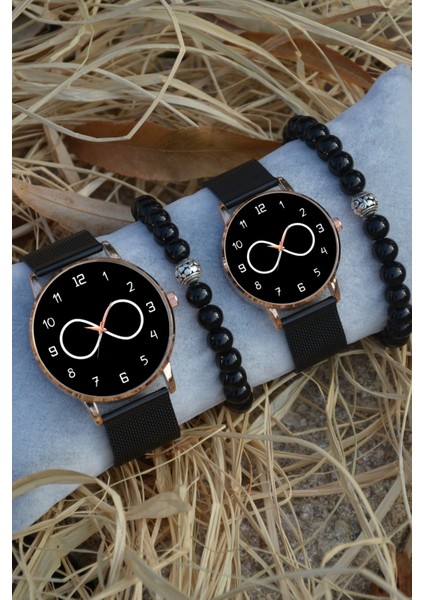 Çift Saatleri Sevgili Saati Siyah Rose Gold Hasır Sonsuzluk Saat ve Bileklik Hediyeli