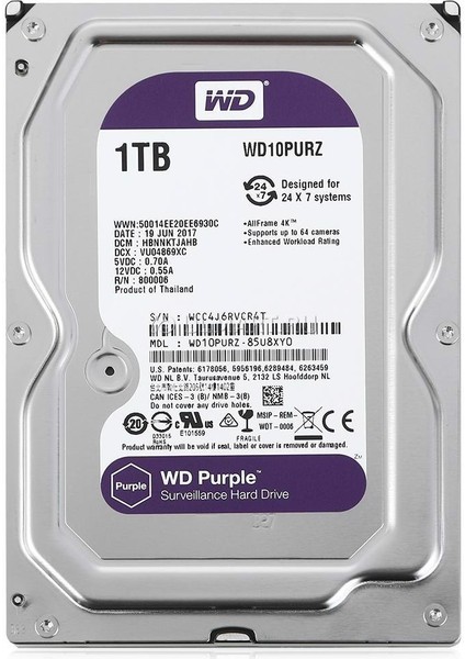 1 Tb Wd 3.5 Purple Sata3 5400RPM 64MB 7/24 Guvenlık WD11PURZ (3 Yıl Resmı Dıst Garantılı)