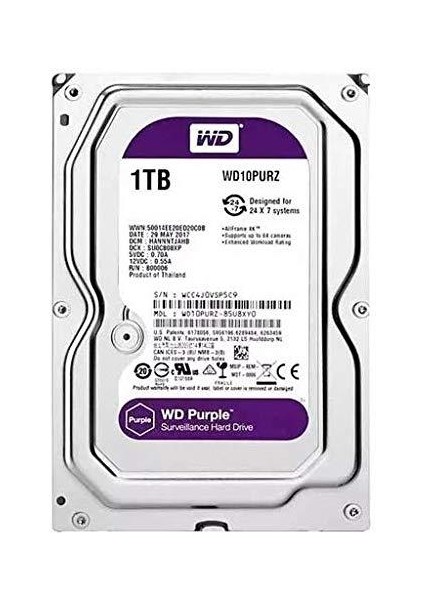 1 Tb Wd 3.5 Purple Sata3 5400RPM 64MB 7/24 Guvenlık WD11PURZ (3 Yıl Resmı Dıst Garantılı)