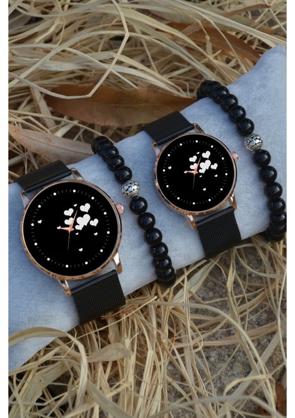 Siyah Rose Gold Hasır Çift Kalpli Saat ve Bileklik Hediyeli Çift Sevgili Saatleri