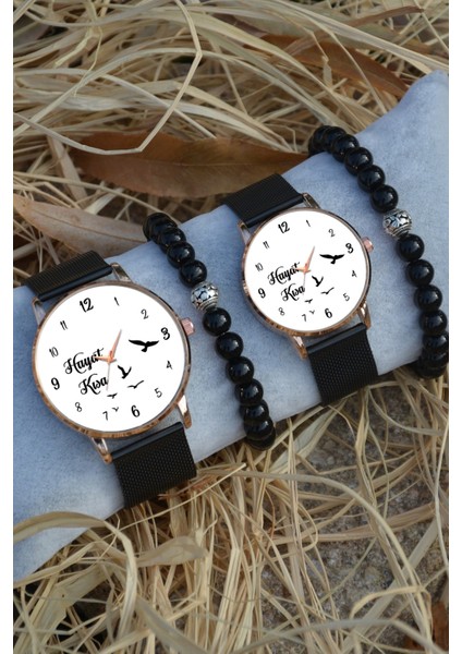Siyah Rose Gold Hasır Çift Hayat Kısa Kuslar Uçuyor Saat ve Bileklik Hediyeli