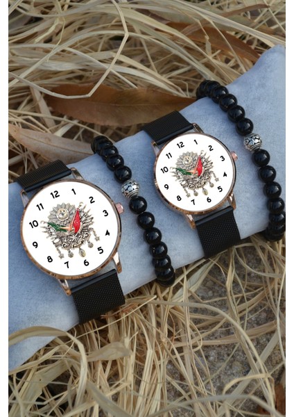 Siyah Rose Gold Hasır Çift Osmanlı Tuğra Saat ve Bileklik