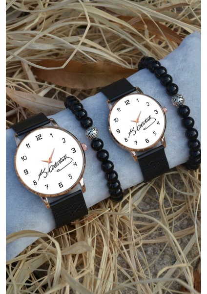 Siyah Rose Gold Hasır Çift Atatürk Imzalı Saat ve Bileklik Çift Sevgili Saatleri