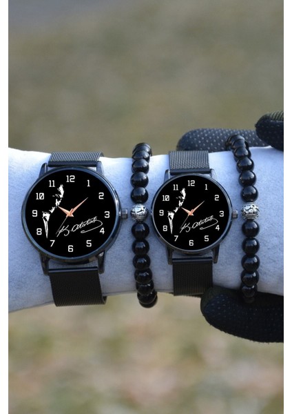 Çift Saatleri Unisex Siyah Sevgili Saatleri Kemal Atatürk Imza Bileklikli Kol Saatleri