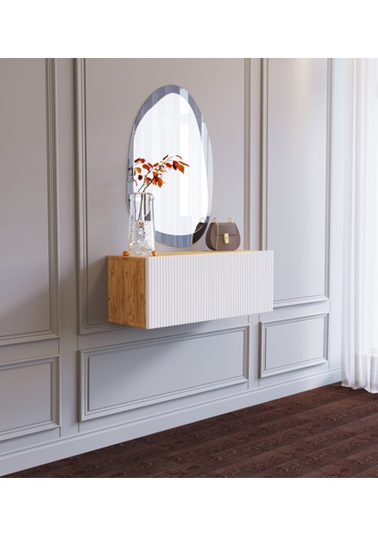 Ahşap Görünümlü Beyaz Kapaklı Çok Amaçlı Duvara Monte Makyaj Masası Dresuar Tv Ünitesi