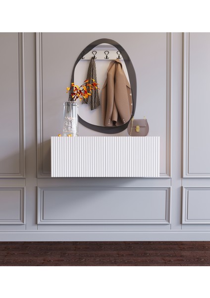 Ahşap Görünümlü Beyaz Kapaklı Çok Amaçlı Duvara Monte Makyaj Masası Dresuar Tv Ünitesi fiyatları